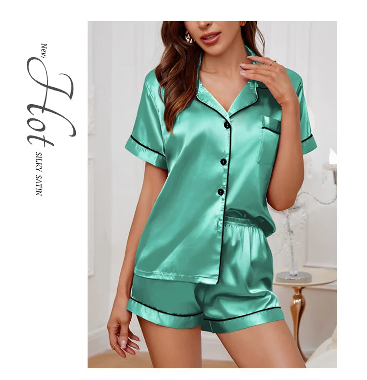 Sommer-Pyjama-Set aus Seidensatin für Damen, Oberteil und Shorts mit Knopfleiste, 2-teilig, Nachtwäsche, gekerbter Kragen, Nachtwäsche, Loungewear für Damen
