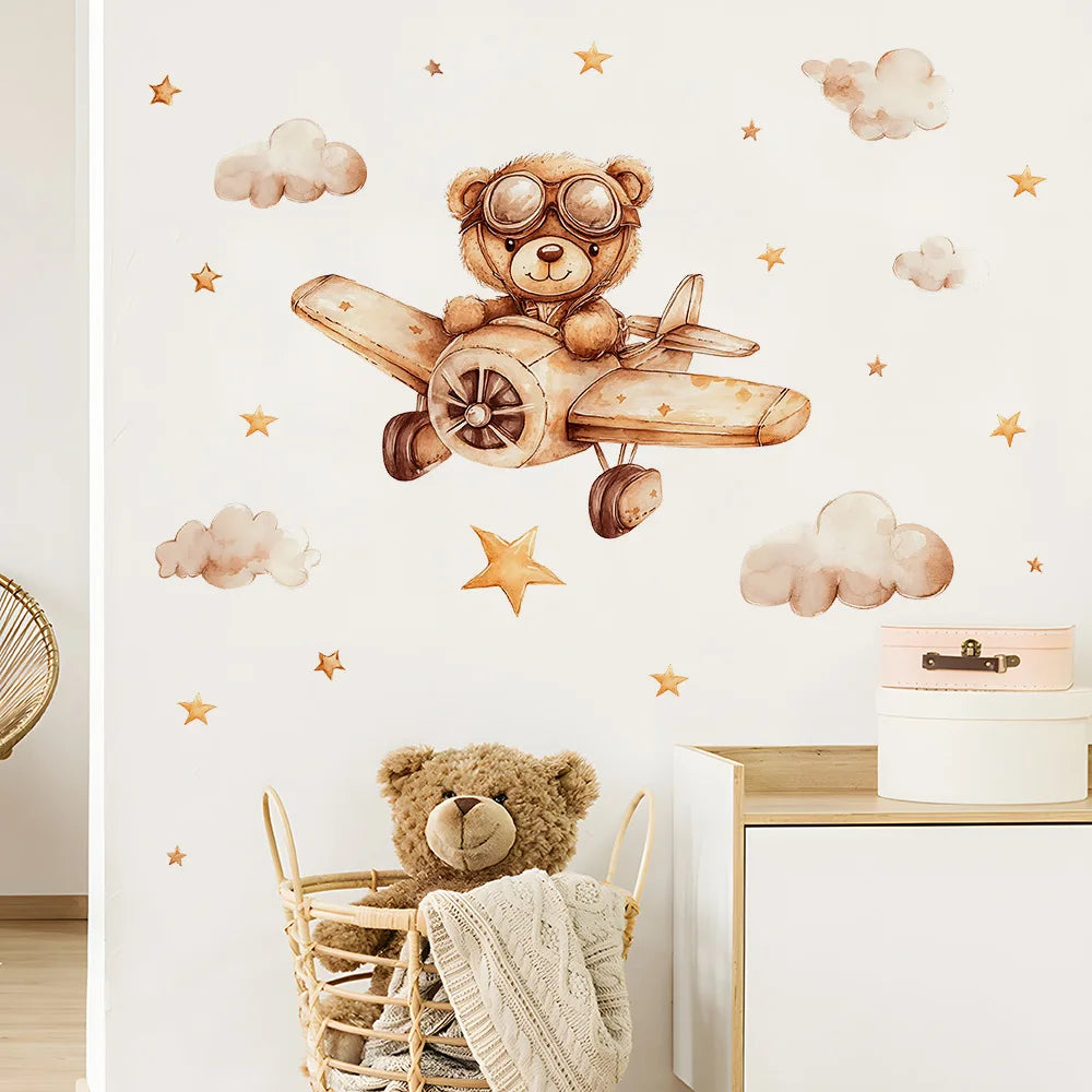 Cute Bear Moon Star Wall Stickers for Kids Rooms Girls Boys Baby Room Decoration Kawaii Cartoon Animal Nursery Wallpaper Vinyl