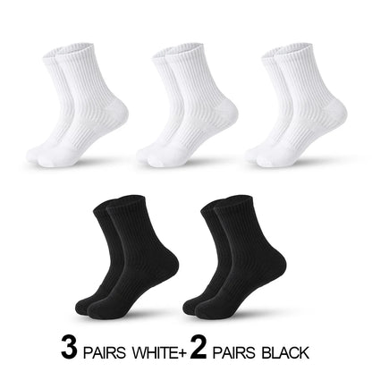 Mens Moisture Wicking Outdoor Hiking Work Cotton Socks Compression Cushion Crew Socks Leisure Men Black Socks 5 Pairs