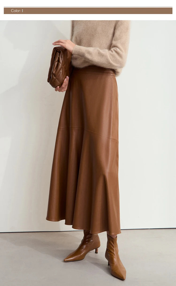 AMII Minimalist Elegant Commuter Environmentally Friendly PU Leather Skirt 2024 Winter New Women's Loose A-shaped Skirt 12444181.