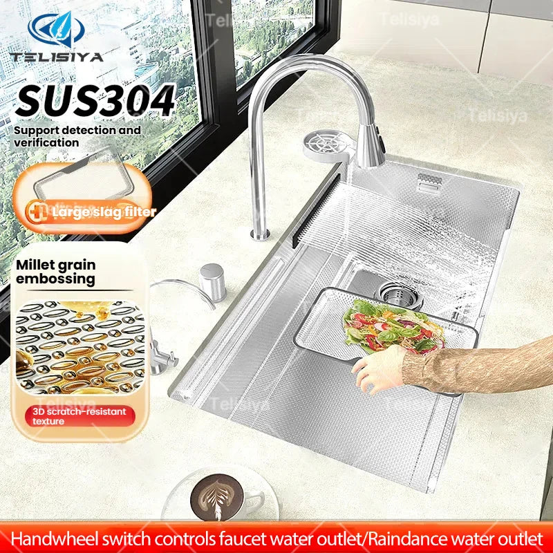 Silver 304 Stainless Steel Kitchen Sink Independent Waterfall Outlet Household Large Single Slot Wash Dish Bowl Undermount Basin