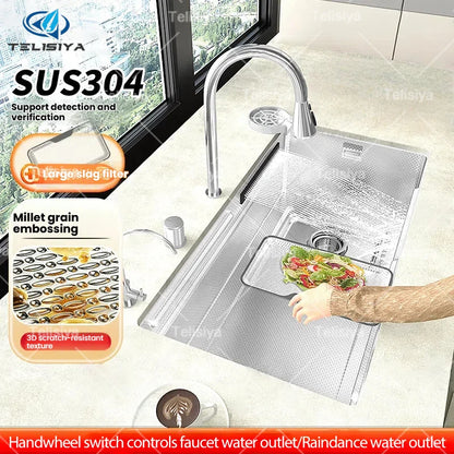 Silver 304 Stainless Steel Kitchen Sink Independent Waterfall Outlet Household Large Single Slot Wash Dish Bowl Undermount Basin