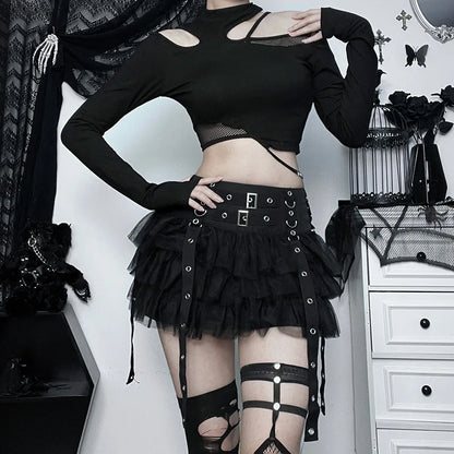 Goth Dark Ruffles Mall Gothic Mesh Splice Mini Skirts Grunge Aesthetic Harajuku Buckle A-line Skirt Punk High Waist Alt Bottoms.
