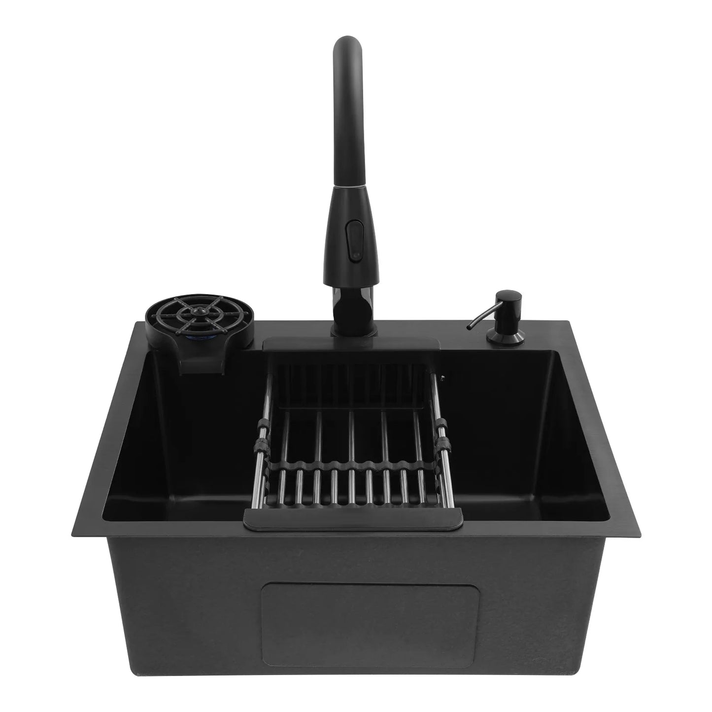 Multifunktionales Küchenspüle mit ausziehbarem Wasserhahn, Tassenspüler, Seifenspender, Abflusskorb, Anti-Überlauf, 201 Edelstahl