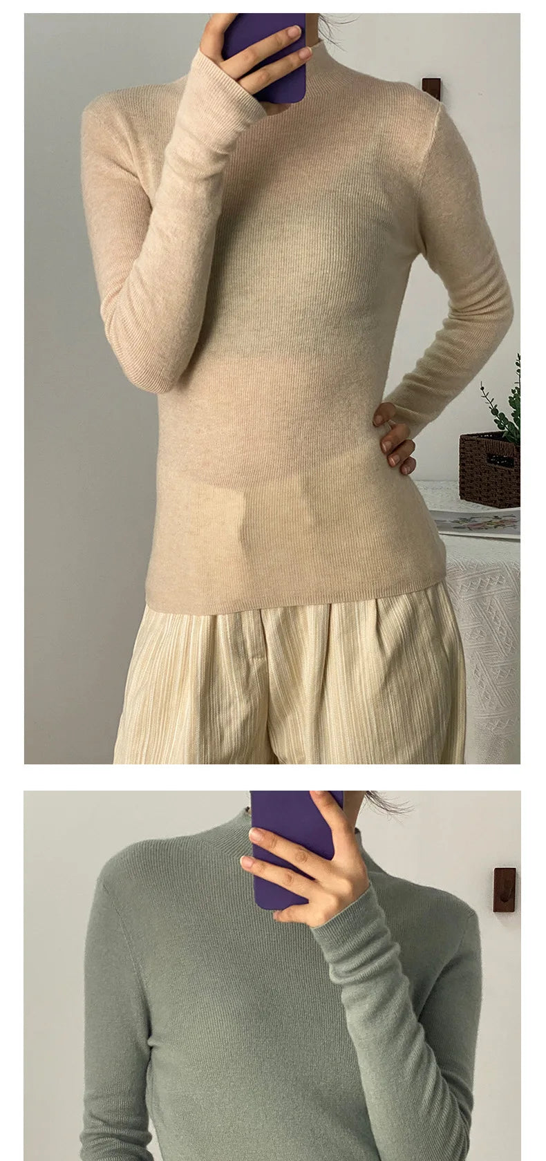 100% Ultra-fine Merino Wool Sweater Autumn and Winter Loose and Simple Semi-turtleneck Wool Bottoming Shirt Multi-color Sweater