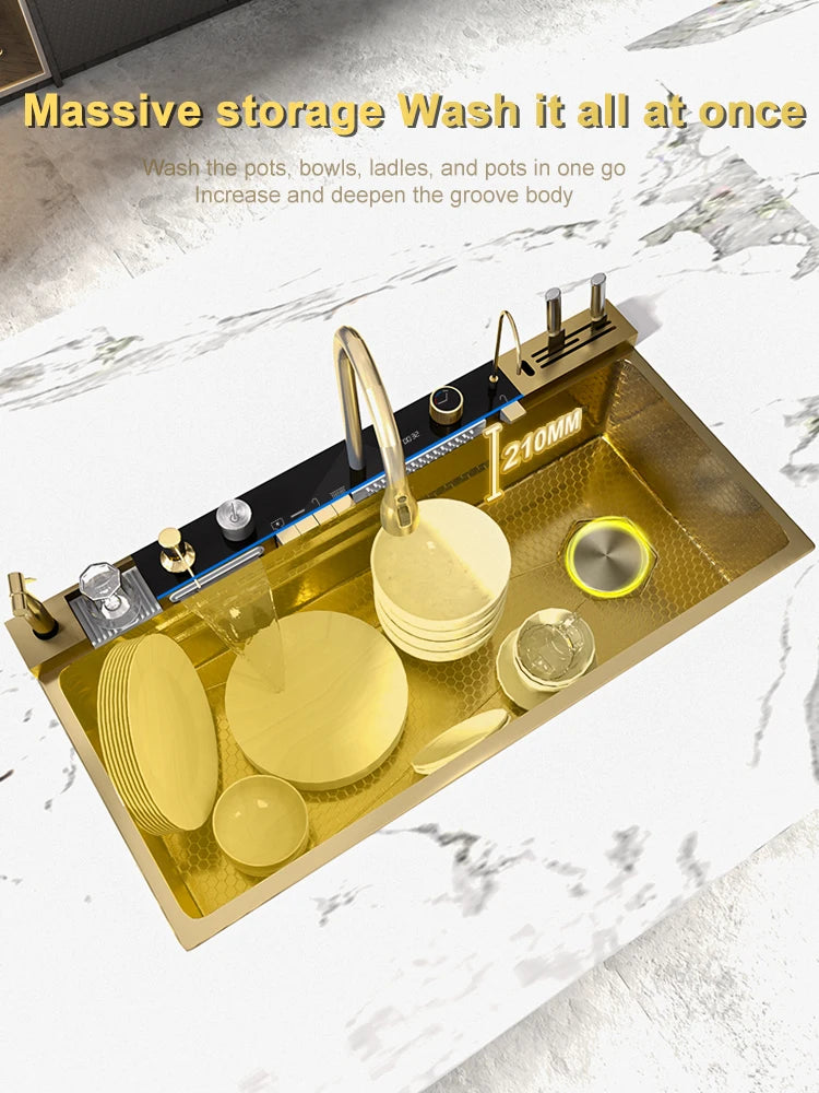 Golden Stainless Steel Waterfall Kitchen Sink Gold Embossed Extra Large Single Slot Digital Display Dishwashing Basin 100x50cm