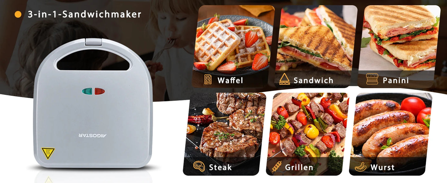 Aigostar Sandwich Maker 3 in 1: Electric Sandwich Maker, Grill and Waffle Maker, 3 Removable Non-Stick and Interchangeable Plates.
