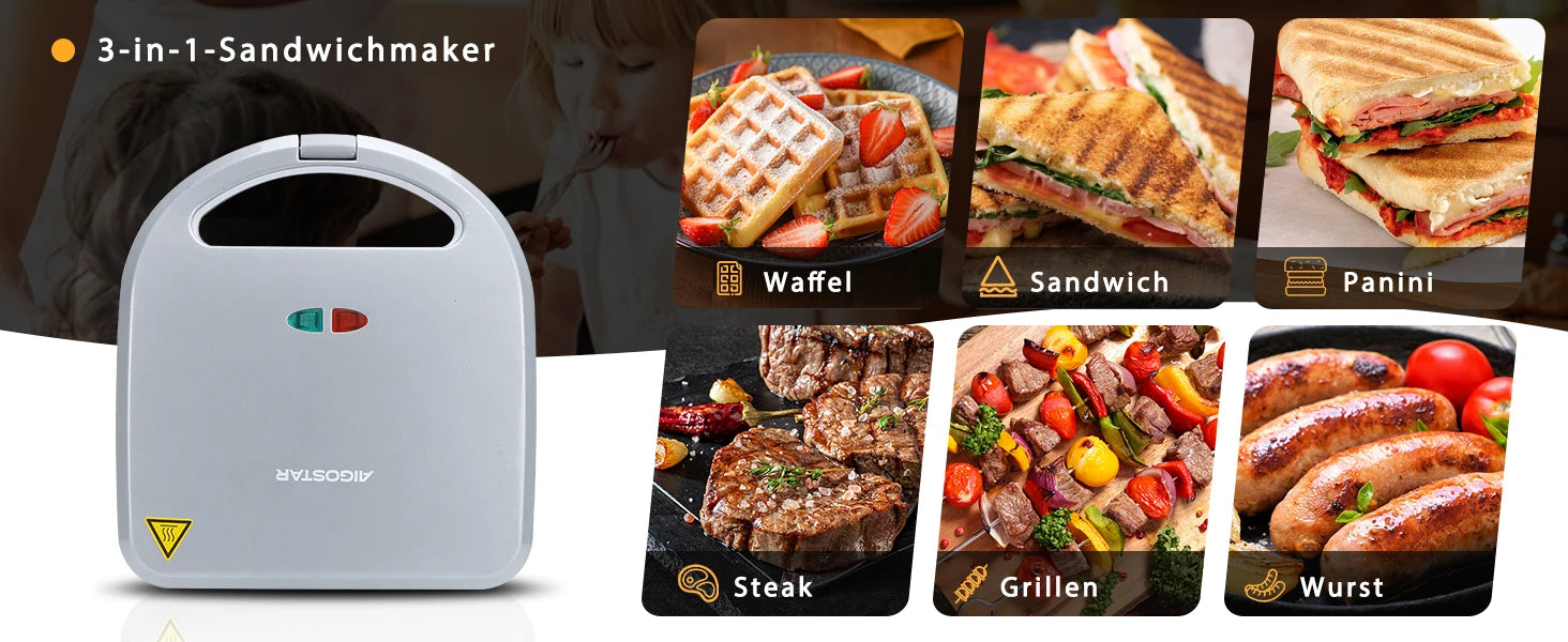 Aigostar Sandwich Maker 3 in 1: Electric Sandwich Maker, Grill and Waffle Maker, 3 Removable Non-Stick and Interchangeable Plates.