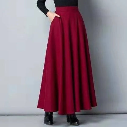 Autumn Winter Black Gray Large Size Woolen Long Skirt Women Fashion Korean Ladies Red High Waist Festival Pleated A-line Skirts.