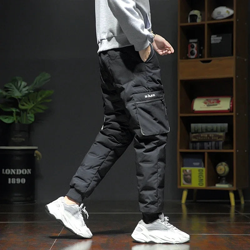 Men's Winter Pants Duck Down Padded Pants Thick Warm Black Loose Jogger Windproof High Waist Elastic Thermal Down Trouser Male.