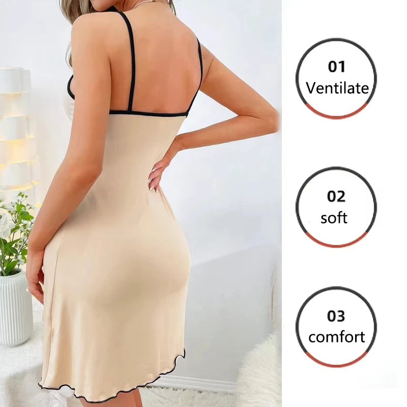Neues Damen-Nachthemd mit sexy kleinem Bären-Aufdruck, süßes Cami-Schlafkleid, Mini-Spaghettiträger, Salatsaum, Kontrastbesatz, Loungewear.