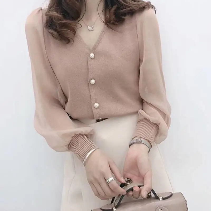 clothe Women's Spring Autumn Style Chiffon Blouses Shirt Women's Knitted Button Long Sleeve Solid Color Lace Patchwork Tops.