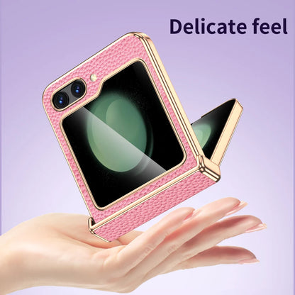 Cowhide Leather Phone Case for Samsung Galaxy Z Flip7 Flip6 Flip5 Flip 7 6 5 Luxury Hinge Protection Cover with Tempered Glass.
