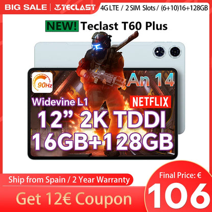 【New】Teclast T60 Plus 12 Inch Tddi 90Hz 2K Screen 2000X1200 Android 14 Widevine L1 Mtk Helio G88 (6Gb Ram+10Gb Expansion)16Gb/128Gb 8000Mah Battery 4g Lte Dual Sim Tf up to 1Tb.