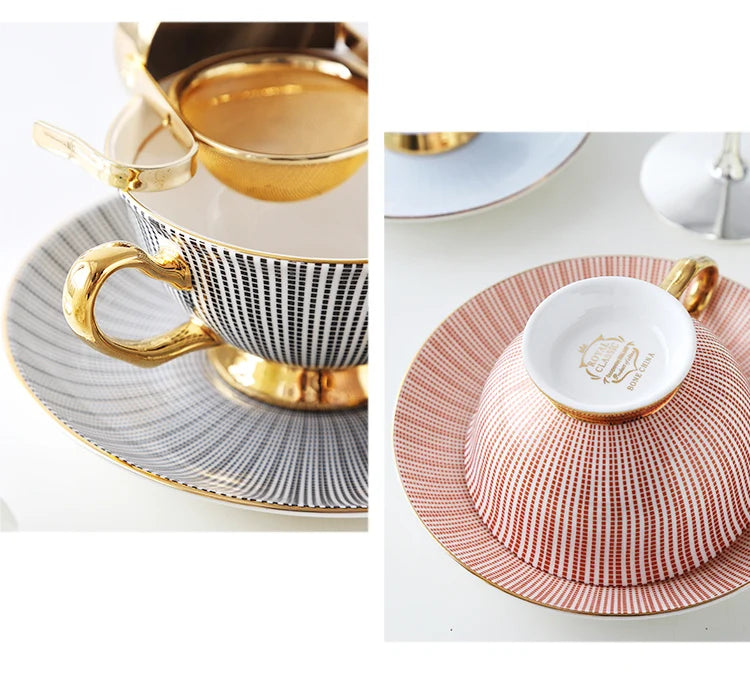 Bone China Tea Cup Saucer Spoon Set 200ml Elegant Coffee Cup Gold Porcelain Tea Set Ceramic Teacup Cafe Espresso Cup British Mug.