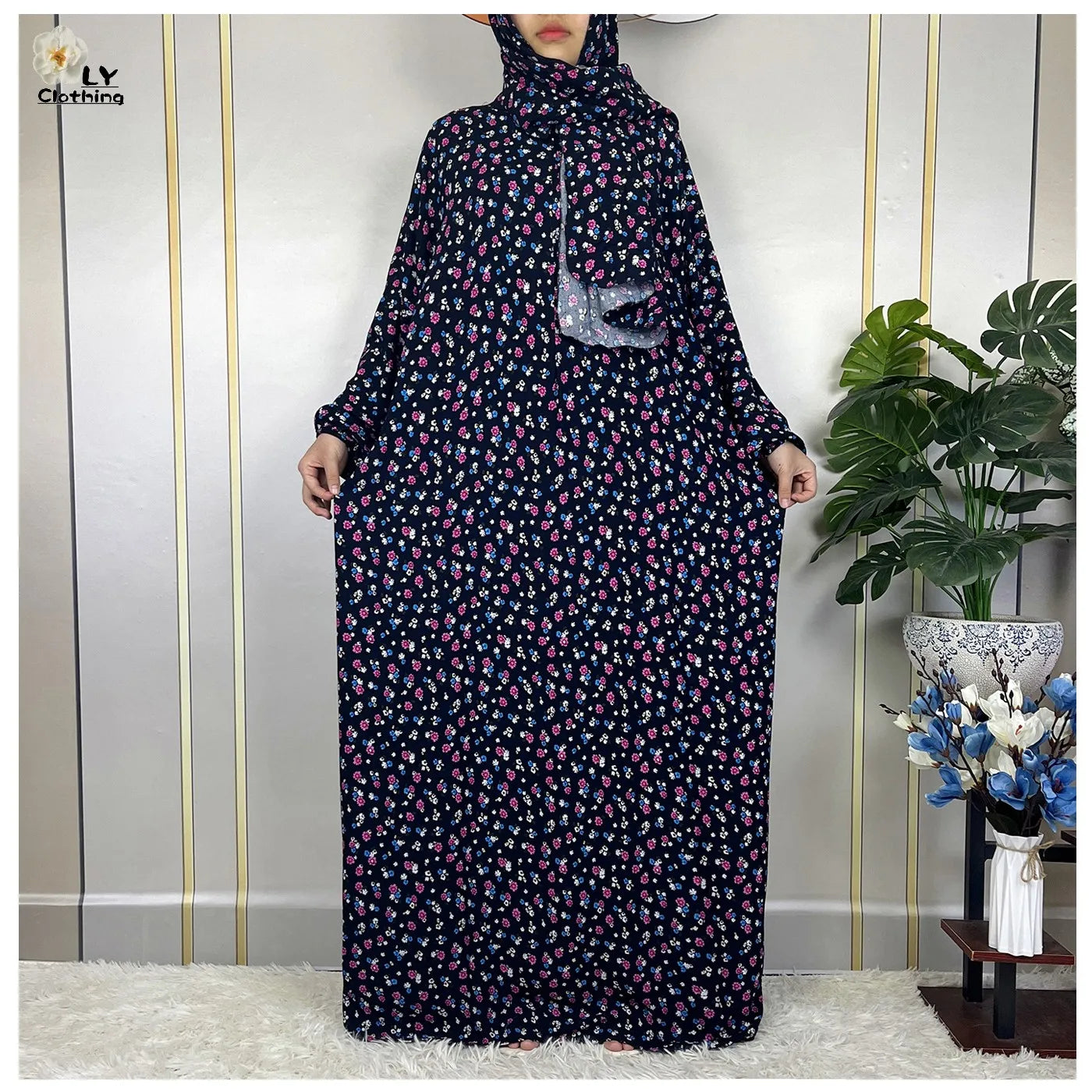 New Muslim Long Sleeved Cotton For Women Ramadan Prayer Turkey Middle East Femme Robe Floral Loose African Abaya Dress Scarfs.