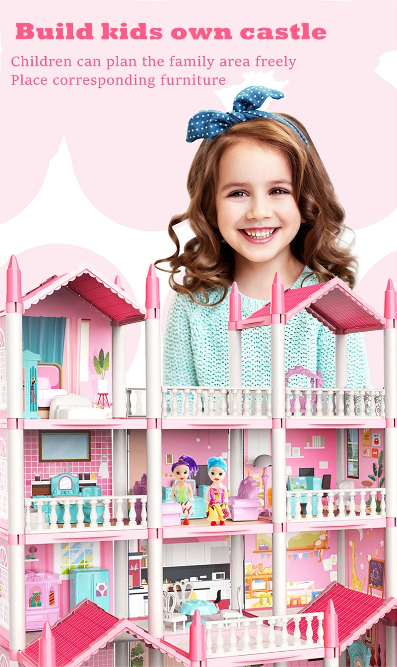 Girls Toddler Doll House - Large Doll House with 4 Dolls, Furniture, Accessories, LED Lights, 4 Stories Princess Dream House Toy.