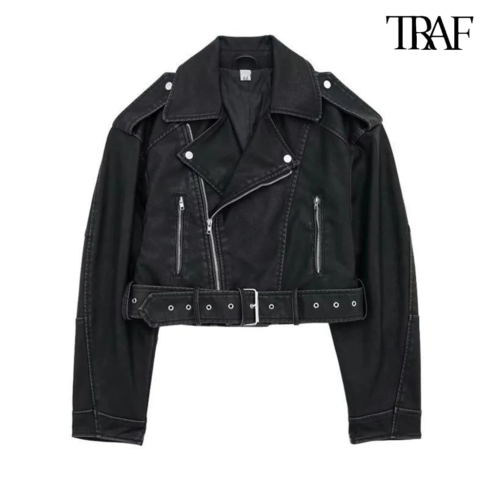 TRAF Damen Vintage lose Lederjacke Gürtel Schulter Abzeichen Zip Revers Jacke Handsome Washed Leder Motorrad Kleidung