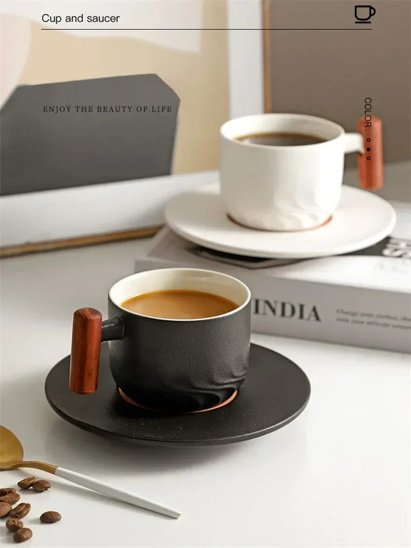 130ML Ceramic Coffee Cup Saucer Set Wooden Handle Japanese Tea Cups Filter Home Water Mug Handmade Frosted Tea Coffee Cup Gift.