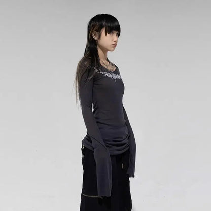 Seeslim Gothic Graphic T Shirts Women Long Sleeve Korean Fashion 2000s Clothes Y2k Slim Spring Autumn Tops Tees Female Clothing.
