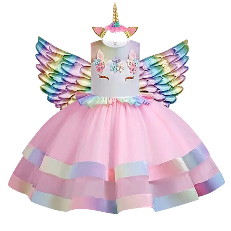 2023 Neues Regenbogen-Einhorn-Kleid für Mädchen, besticktes Tanzkleid, Halloween-Performance-Kleidung, Kinderkleidung, 3–10 Jahre alt.