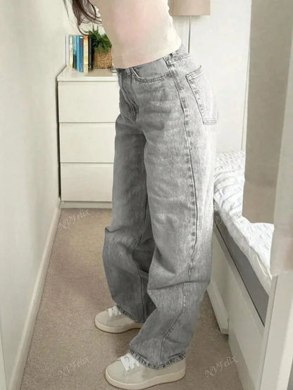 Jeans Women Straight Pants Denims Washed High Waist Distressed Pockets Female 2025 Streetwear Vintage Full Length Trousers.