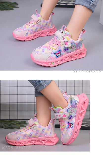 Disney Children's Sports Shoes Led Lights Sneaker Cartoon Frozen Princess  Elsa PU Leather Girls' Pink Children's Running Shoes.