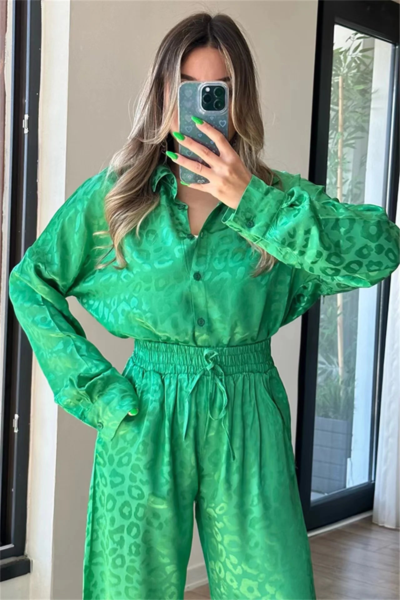 2024 Autumn White Satin Wide Leg Trousers Suit For Women Office Leopard Print Two-Piece Set Home Tracksuit Female Pajamas Sets