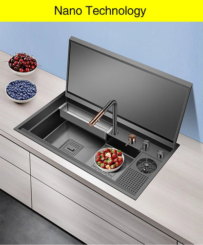 ASRAS Large Size Flip Cover Hidden Island Kitchen Sink 304 Stainless Steel 4mm Thickness Handmade Stepped Sink Cup Rinser Sinks