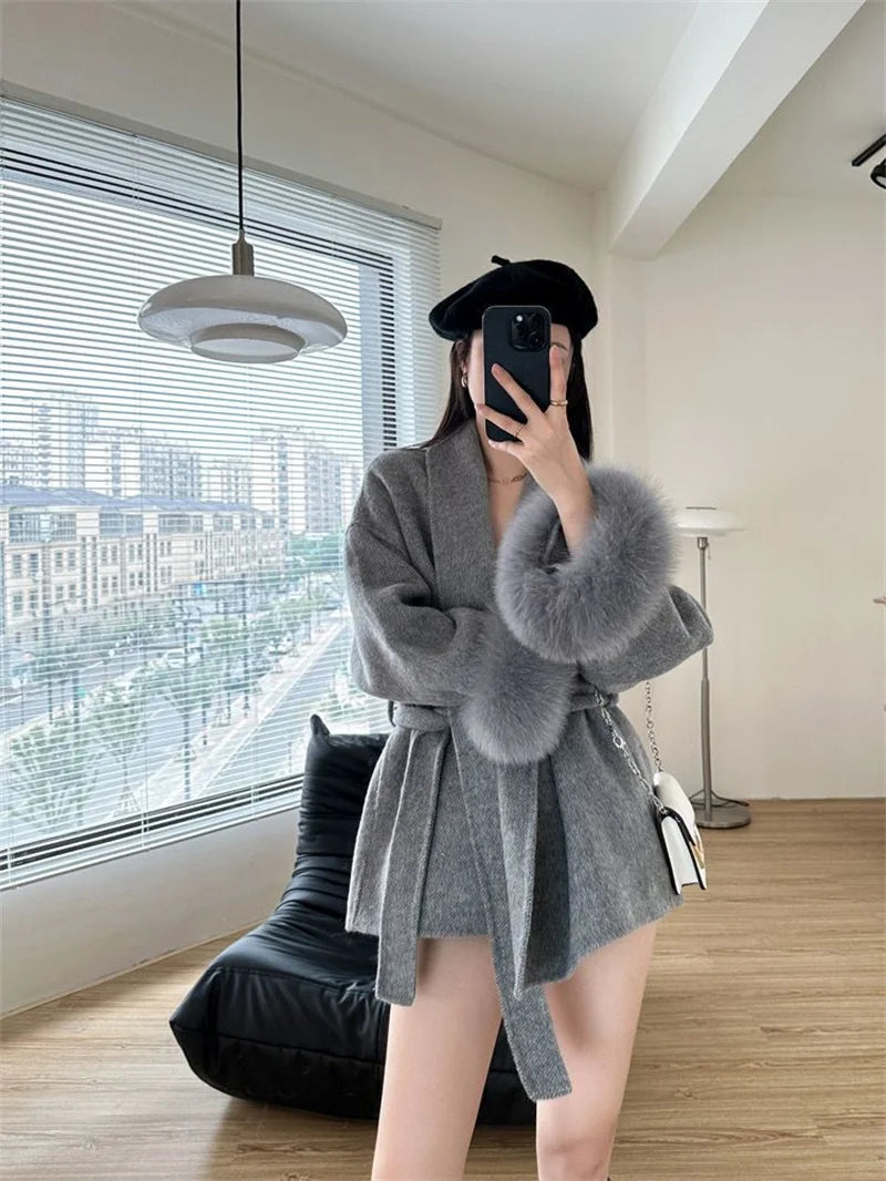 Mode Woolen Jacke mit gürtel Frauen Mantel 2025, Neue Herbst Winter Temperament Lose Strickjacke Weibliche Outwear.