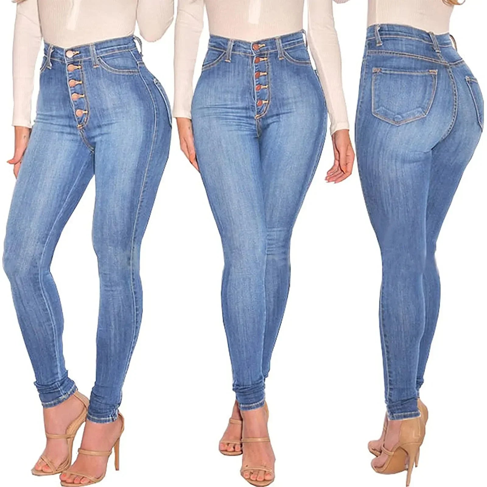 Skinny Colombian Jeans For Women 2024 High Waist Stretch Jeans 5 Button Push Up Butt Lifting Pockets Fashion Stretch Blue Jeans.