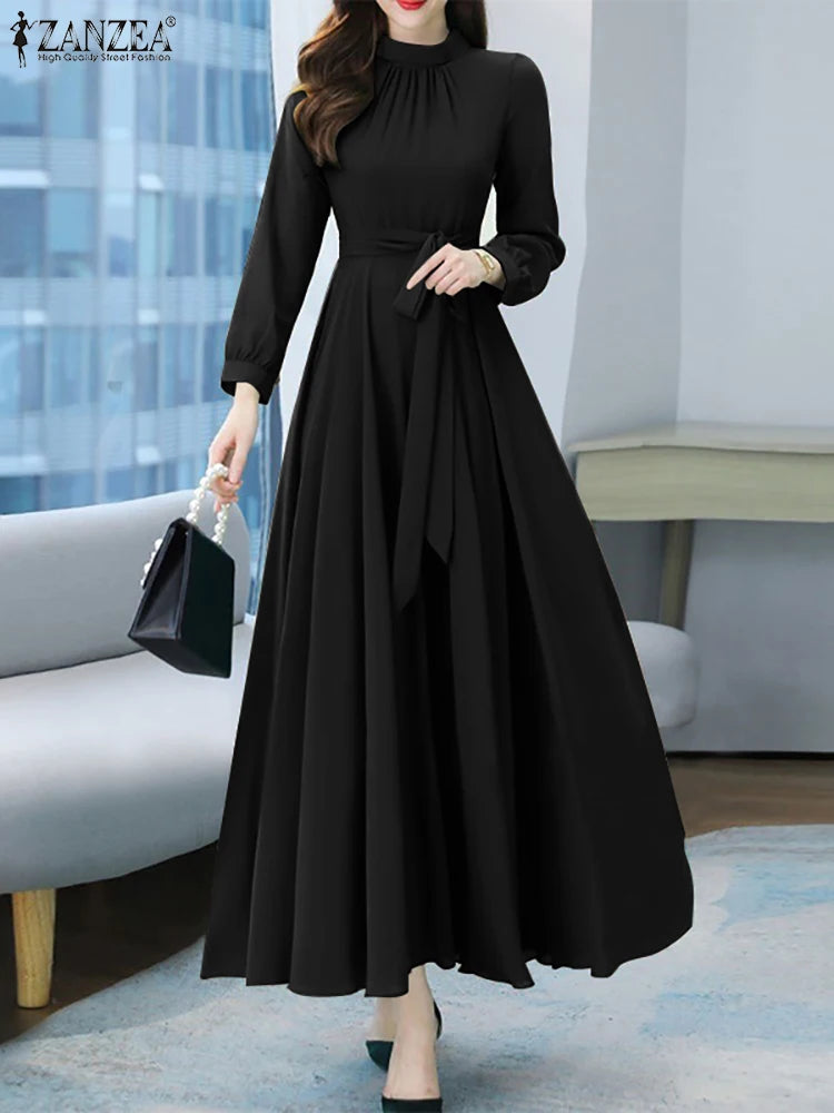 ZANZEA Women Long Sleeve A-line Sundress Spring Long Dress Autumn Solid Party Holiday Maxi Dresses Vestidos Femme Vintage Robe.