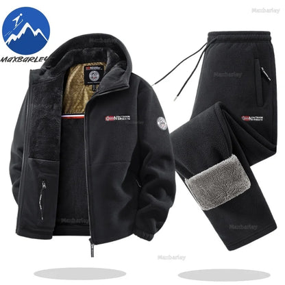 Maxbarley Winter Sportswear Set Mens Retro Training Thick Fleece Jacket + Pants Two Piece Set Casual Ski Running Tracksuit Suit
