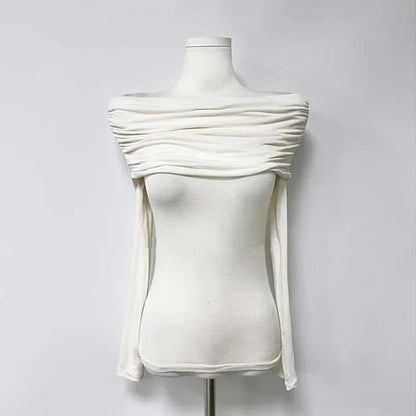 Korean Dongdaemun Spring Summer New Style Elegant One Shoulder Pleated Thin Long Sleeve Slimming Fit Cotton T-Shirt