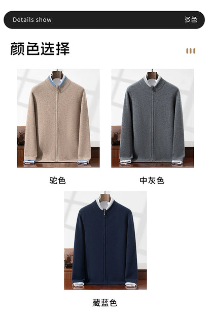 100% Wool Cardigan for Men, Half Turtleneck, Zipper, Color Block, Thickened Sweater, Business Casual Outerwear, Knitted Jacket.
