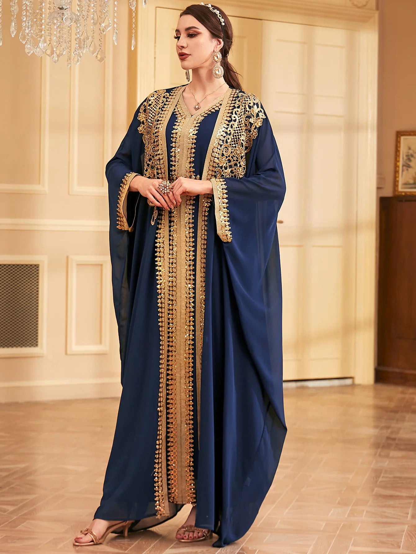 Ramadan Sequins Dubai Abayas Arab Tunics Batwing Sleeve Dresses For Women Gala Two pieces Moroccan Elegant Kebaya.