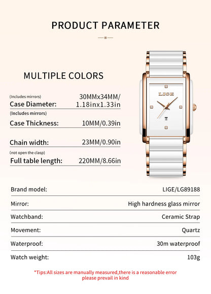 LIGE Fashion Square Quartz Woman Watches Ceramics Elegant Simple Diamond Auto Date Romantic Birthday Gift Leisure Wristwatch New.
