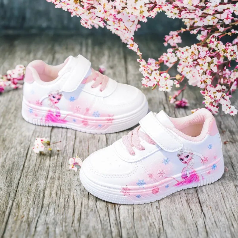 Disney Girl's Fashion Thick Sole Sports Shoes Spring Children's Frozen Princess Elsa PU Leather Running Sneakers Size 18-29.