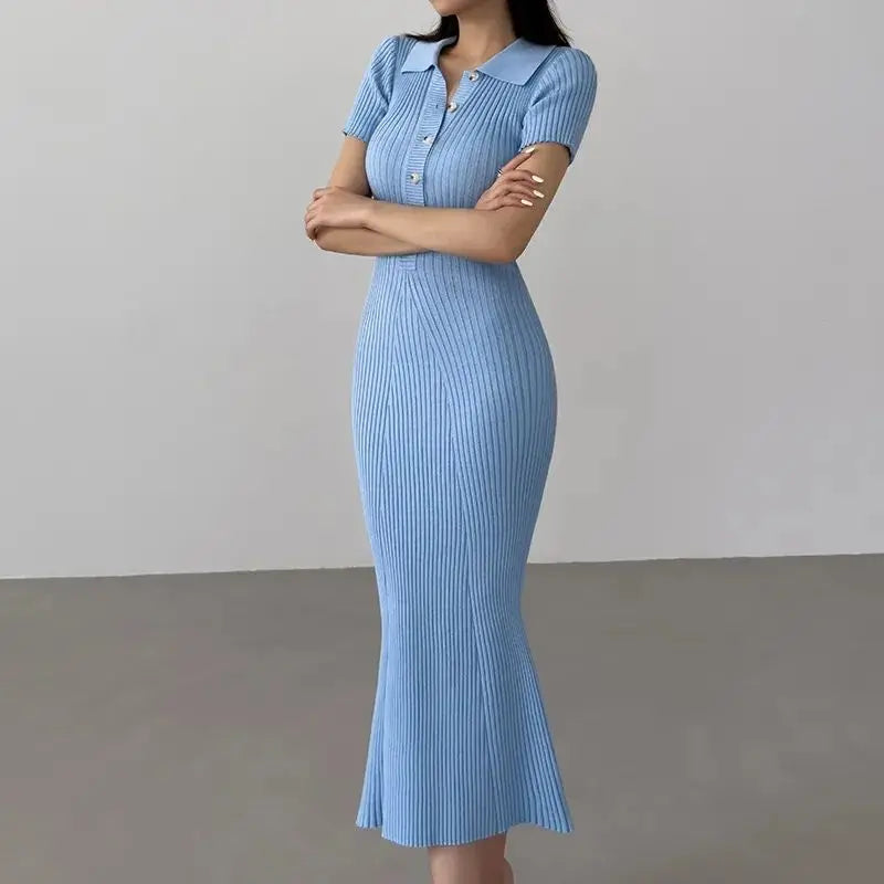 OCEANLOVE Meerjungfrau Rüschen Kleider für Frauen Gestrickte Solide Einreiher Sexy Vestidos Mujer Mode Frühjahr Sommer Langes Kleid.