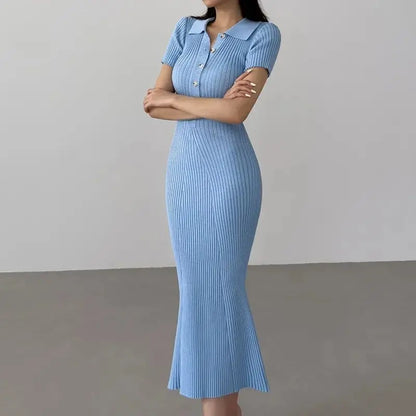 OCEANLOVE Meerjungfrau Rüschen Kleider für Frauen Gestrickte Solide Einreiher Sexy Vestidos Mujer Mode Frühjahr Sommer Langes Kleid.