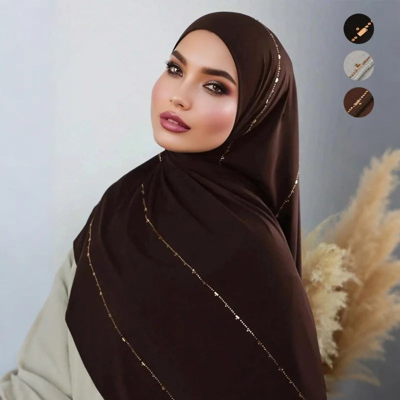 Rhinestone Modal Cotton Jersey Hijab Scarf For Women Stretch Shawl Plain Muslim Headband Fashion Solid Color Long Muffler.
