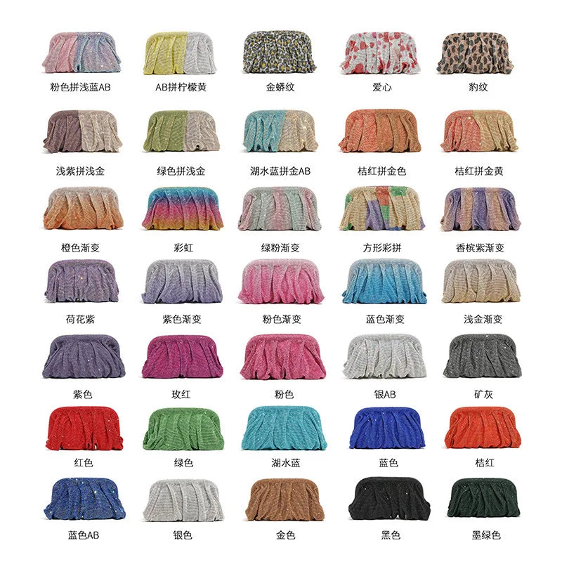 Premium Handmade Diamond-encrusted Clutch Bag Pleated Chain Rhinestone Cloud Clip Dinner Bag Single Shoulder Oblique Span Bolsos.