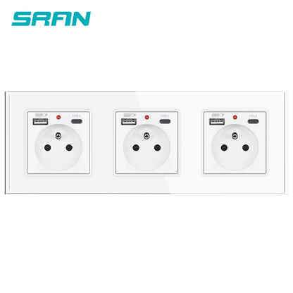 SRAN Französische USB-Wandsteckdose 5 V 2,1 A, Kristall-Hartglasscheibe 16 A 220 V 82 x 82 mm Steckdose Frankreich-Standard mit Abdeckung