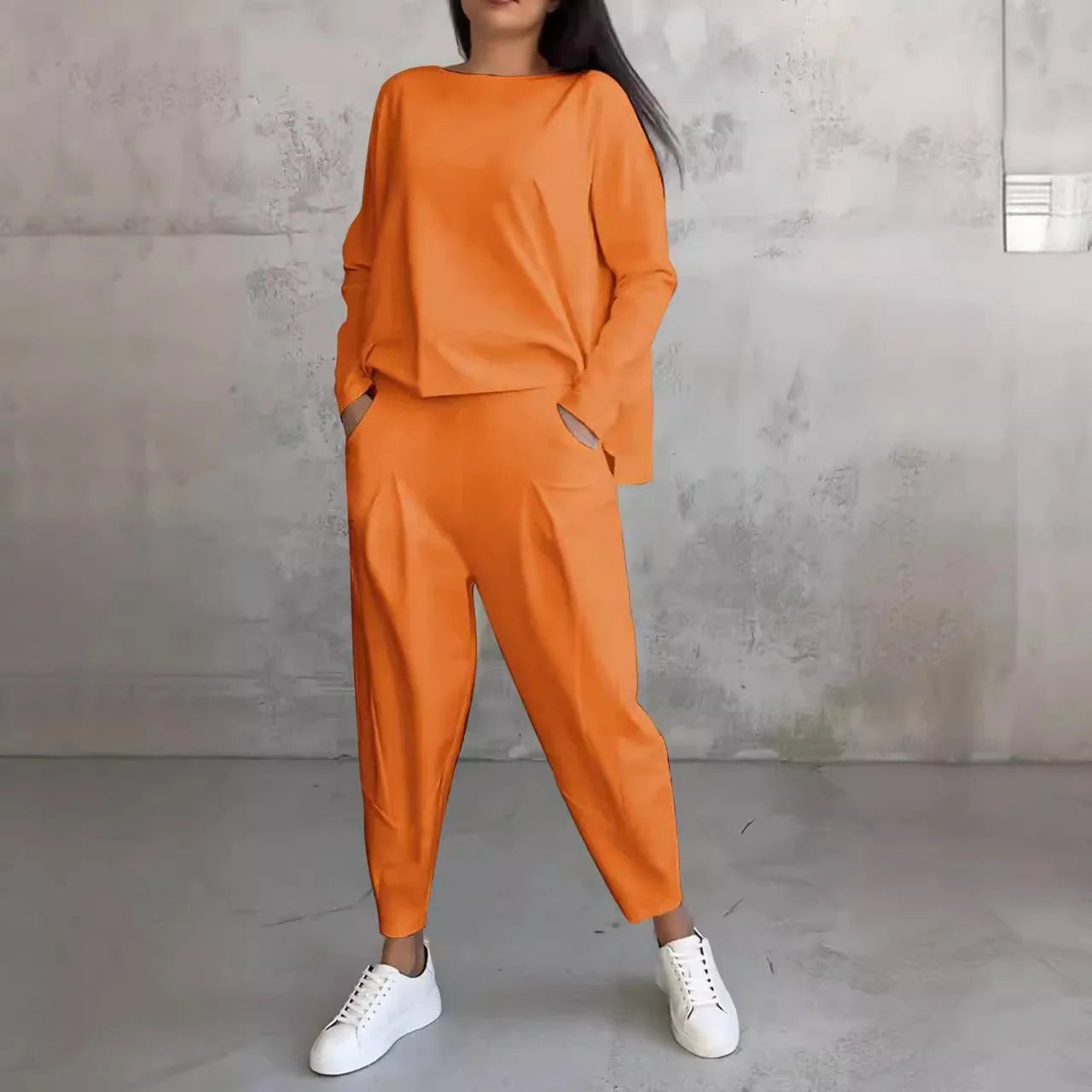 Women Sporty Two Piece Pant Sets Solid Harem Pants High Street Full Sleeve Round Neck Tops Sweatshirt Casual Irregular.