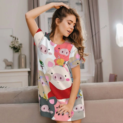 Sommer-Damen-Pyjama, Vintage-Stil, süßes Babyschwein, blau, grau, Pastell, Cartoon-Comic-Kunst, kurzärmeliges Nachthemd, dünner langer Rock, Homewear.