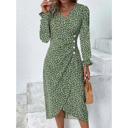 Elegante Blumen Plissee H-förmigen Midi Kleid Weibliche V-ausschnitt Puff Sleeve Taille Geraffte Taste Kleider Frauen Sommer Kleid Robe.