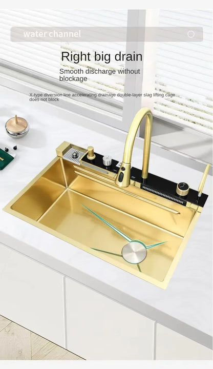 Gold Kitchen Sink Stainless Steel Sink Digital Vegetable Washing Basin, Atmosphere Light, Kitchen Large Single Sink 75cmX46cm
