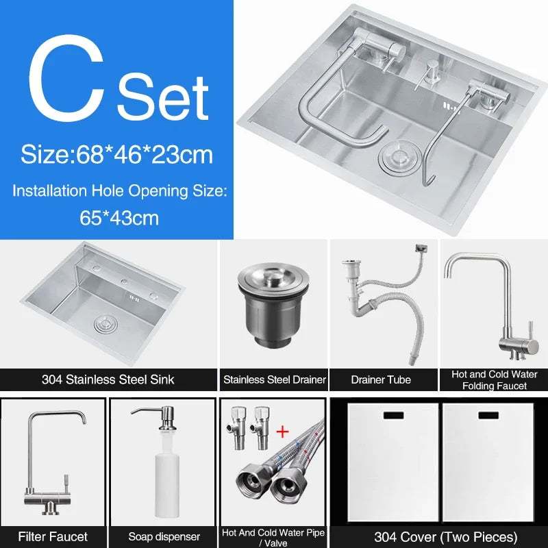 Nanometer Double Cover Hidden Kitchen Sink 304 Stainless Steel 3 Holes Handmade Single Large Size Kitchen Hidden Sinks