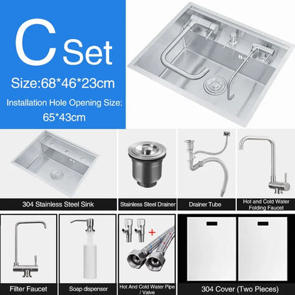 Nanometer Double Cover Hidden Kitchen Sink 304 Stainless Steel 3 Holes Handmade Single Large Size Kitchen Hidden Sinks