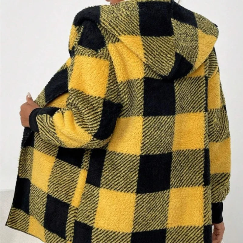 Frauen Herbst Winter Doppel Fleece Plaid Strickjacke Weiche Lose Lange Hülse Plüsch Warme Mit Kapuze Jacke Weibliche Patchwork Oberbekleidung Mantel.